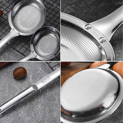Fine Mesh Stainless Steel Colander Spoon,2025 New Extra Fine Mesh Strainer with Handle,304 Stainless Steel Skimmer Spoon Kitchen Gadget for Filte Grease Foam (1, A Style, Large+Small)