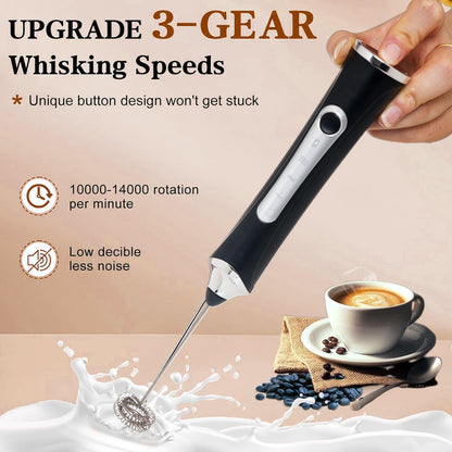 Skiennix Rechargeable Milk Frother - Handheld Coffee Mixer with 3 Speeds & Stand | Black