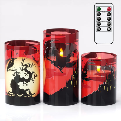 Eldnacele Halloween Flickering Candles with Witch, Crow Raven, Castle Decals, Red Glass Battery Operated Flameless LED Candles with Remote, Real Wax Candle Set of 3 Halloween Decorations