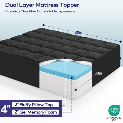 OLANLY Dual-Layer 4 Inch Queen Size Memory Foam Mattress Topper for Back Pain, 2 Inch Cooling Pillow Top Mattress Pad Cover and 2 Inch Gel Memory Foam Topper, Deep Elastic Pocket, Black