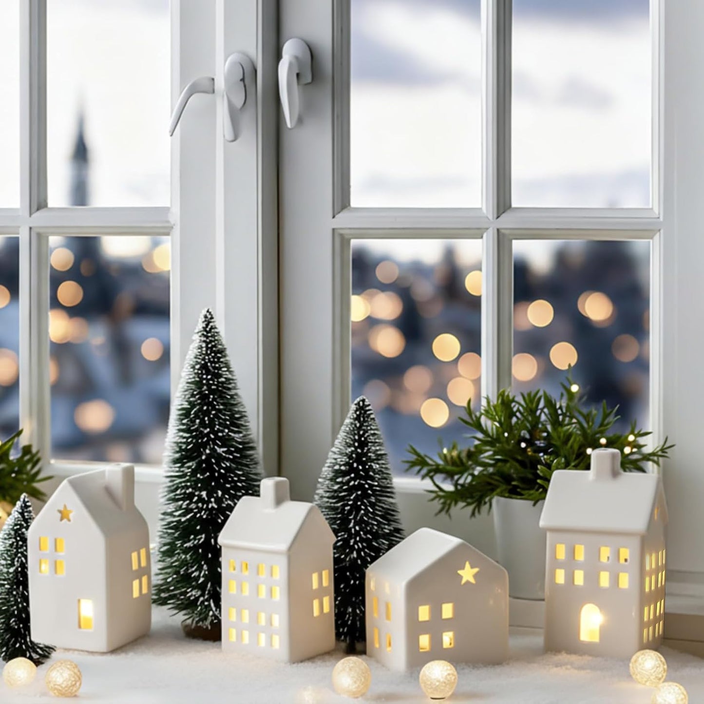 Newtay Ceramic Christmas Village Set - 7 Pcs LED Light-Up White Houses & Xmas Trees for Rustic Holiday Decor