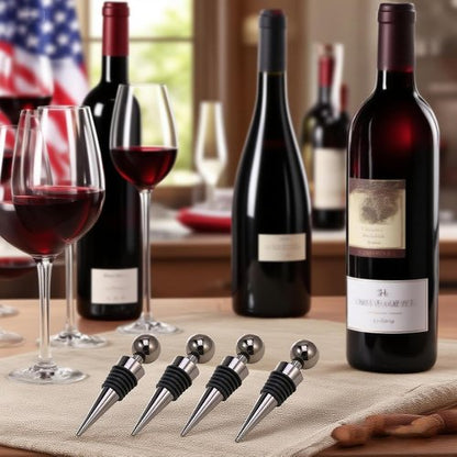 4-Pack Wine Stoppers, Stainless Steel Wine Bottle Stoppers with Silicone, Reusable Bottle Stooper, Beverage Stopper, Leak Proof Keep Fresh Suitable for Standard (Black)