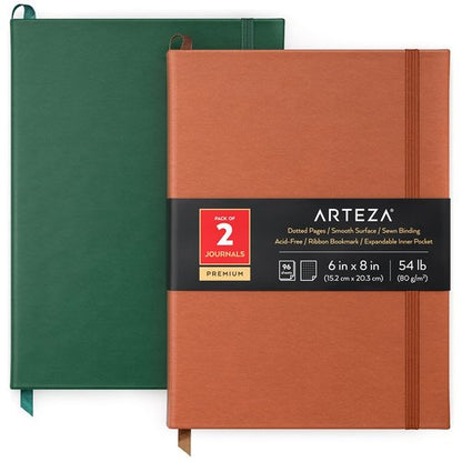 ARTEZA Dotted Journals, Pack of 2, 6 x 8 Inches, 96 Sheets, Hunter Green and Saddle, Hardcover Notepads with Smooth Paper for Writing and Journaling