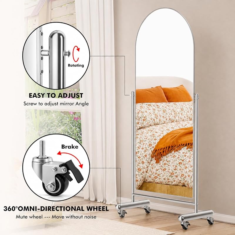 Arched Full Length Mirror with Wheels 65" x 24" - Tilting Stainless Steel Framed Full Body Mirror (Silver)