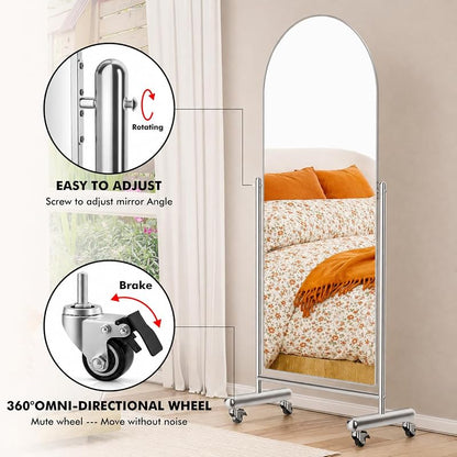 Arched Full Length Mirror with Wheels 65" x 24" - Tilting Stainless Steel Framed Full Body Mirror (Silver)