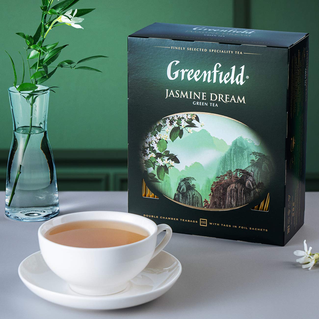 Greenfield Jasmine Dream Green Tea Collection Finely Selected Speciality Tea 100 Double Chamber Teabags With Tags in Foil Sachets