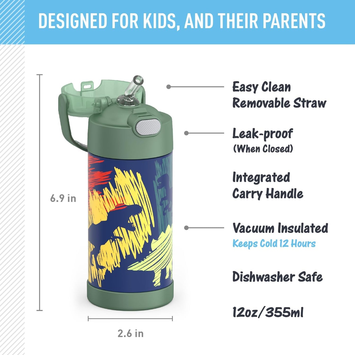 THERMOS FUNTAINER Water Bottle - 12 Ounce Kids Stainless Steel Vacuum Insulated with Straw | Dinosaurs Design