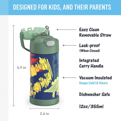 THERMOS FUNTAINER Water Bottle - 12 Ounce Kids Stainless Steel Vacuum Insulated with Straw | Dinosaurs Design