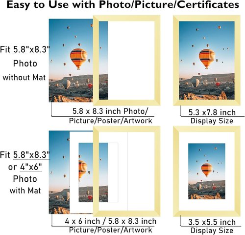 JCJMY A5 Gold Picture Frame - Display 4x6 Photos with Mat or 5.8x8.3 Without Mat | Shatter-Resistant Plexiglass
