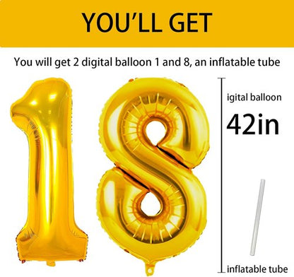 Large Gold 18 Balloon - 42 Inch Foil Mylar Number for 18th Birthday & Anniversary Celebrations