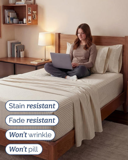 Skiennix Extra Deep Twin XL Sheet Set - 4-Piece Breathable Cooling Bedding - Soft Wrinkle-Free Beige Stripes