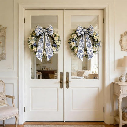 AZYM Wreath Sash Set - Beautiful Blue Flower Ribbon for Front Door & Indoor/Outdoor Decor