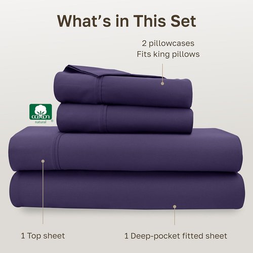 California Design Den King Size Cotton Sheet Set - 400 TC Silky Smooth Sateen Weave, Deep Pockets, Breathable - Purple