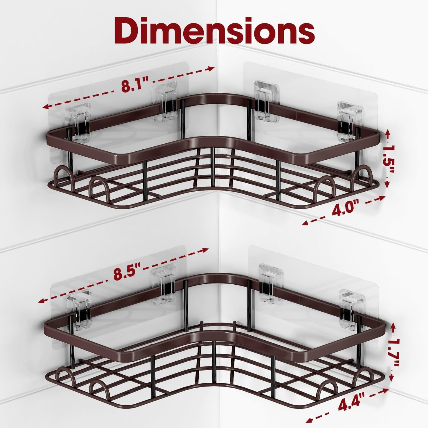 Sakugi Corner Shower Caddy - Rustproof Stainless Steel Organizers with 8 Hooks | No Drilling, Space-Saving, Brown, 2 Pack