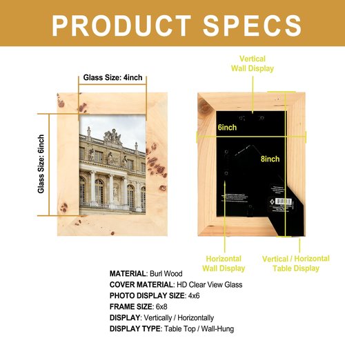 Concepts Set Of 4-4x6 Burl Wood Picture Frames - Natural Wood Finish Picture Frames for Family Photos - Elegant Wallhung Decor in Bulk