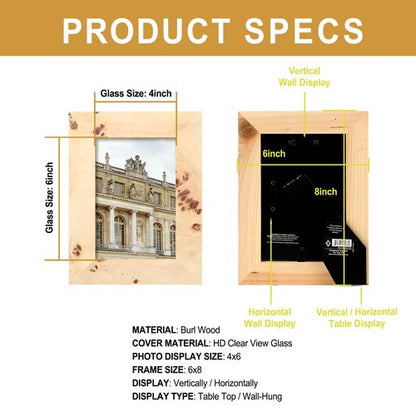 Concepts Set Of 4-4x6 Burl Wood Picture Frames - Natural Wood Finish Picture Frames for Family Photos - Elegant Wallhung Decor in Bulk