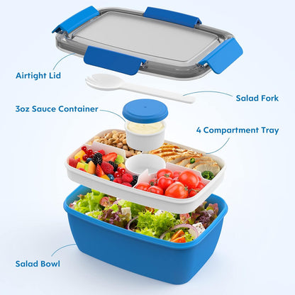 Cherrysea Salad Lunch Container Set - 68oz Leak-Proof Bowls with 4 Compartments & Fork - Blue