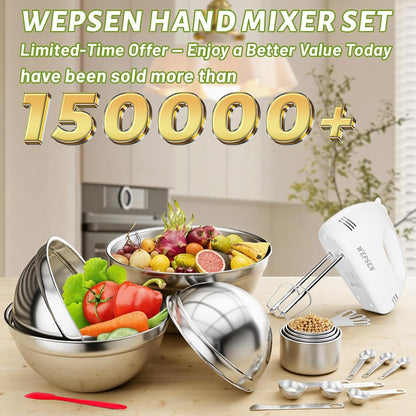 Skiennix 5-Speed Electric Hand Mixer - Includes 4 Large Mixing Bowls & Whisks for Baking