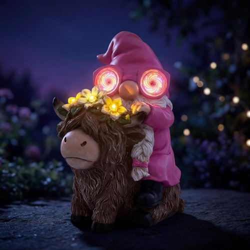 iStatue Solar Highland Cow Garden Statue - Animated LED Goggles & Moving Pixel Matrix Eyes | 8.7" Pink Resin Gnome Figurine for Mom