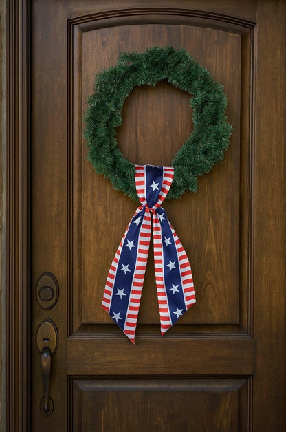 YKW Patriotic Wreath Sash - Premium Cotton Linen, 5" W x 56" L, Red White Blue Stars & Stripes for 4th of July Decor