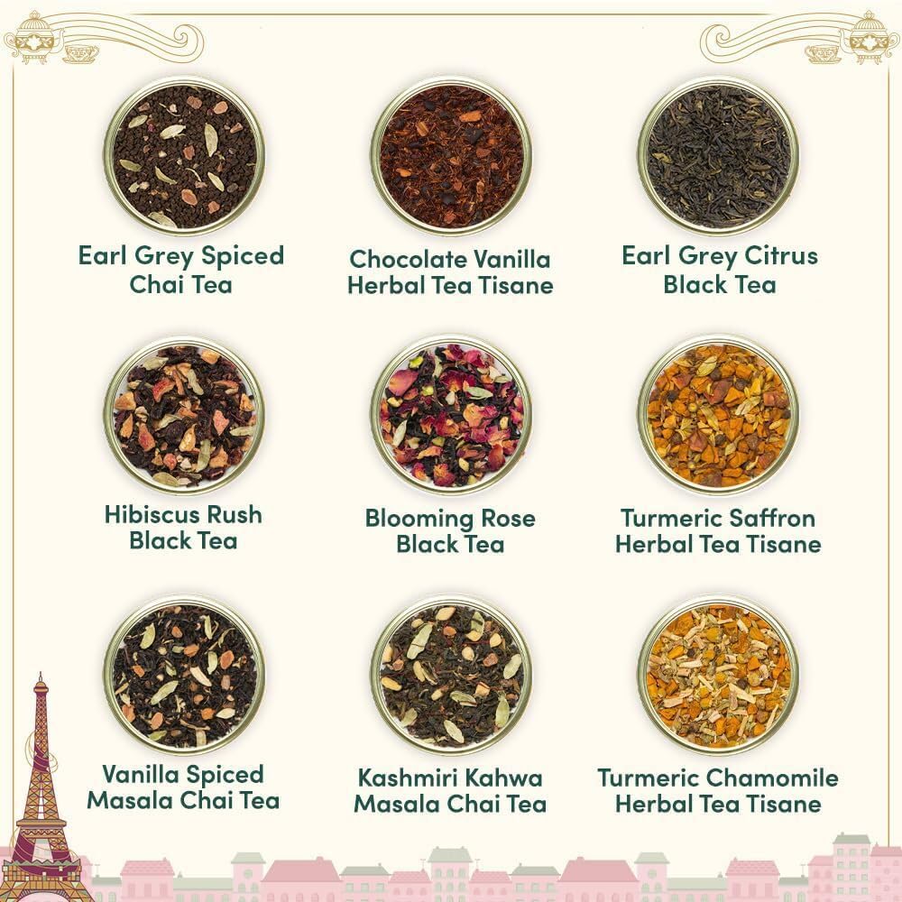 VAHDAM Weekend in Paris Tea Gift Set - 9 Assorted Luxury Teas | Travel Edition | Gluten-Free, Non-GMO