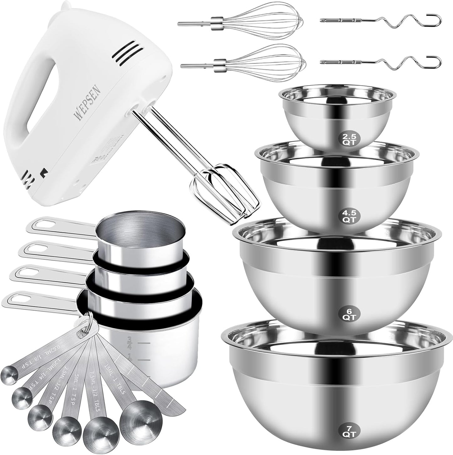 Skiennix Electric Hand Mixer - 5-Speed Handheld Mixer with 4 Stainless Steel Bowls & Measuring Cups | 200W Baking Essential