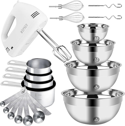 Skiennix Electric Hand Mixer - 5-Speed Handheld Mixer with 4 Stainless Steel Bowls & Measuring Cups | 200W Baking Essential