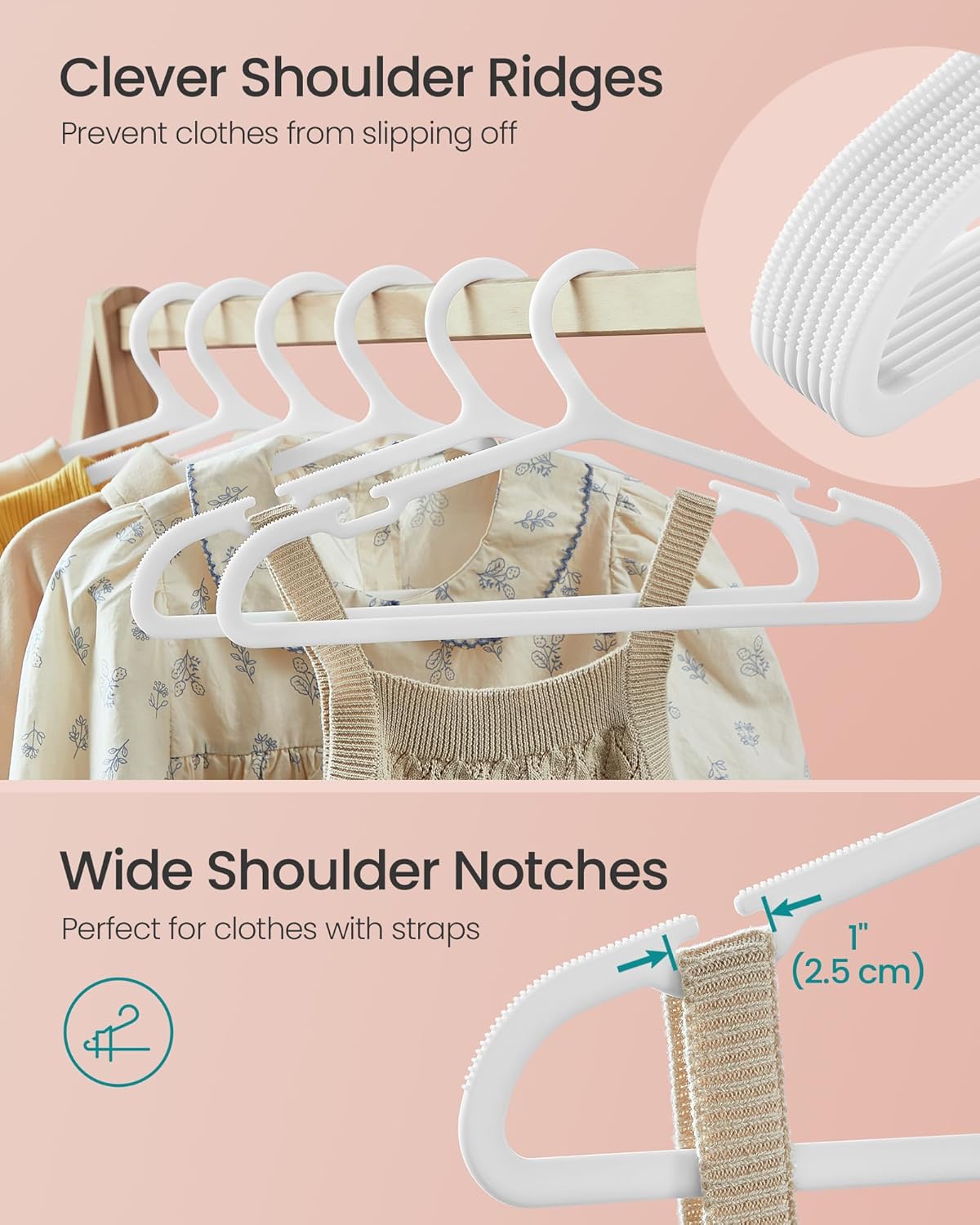 SONGMICS Kids Hangers - 100 Pack Plastic Baby Hangers for Closet | Space-Saving Non-Slip Design, Cloud White, 14 x 7 Inches