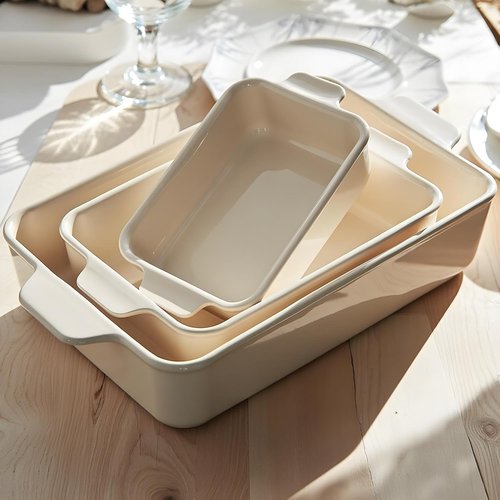Kook Ceramic Bakeware Set - Versatile Rectangular Dishes for Casseroles & Lasagna | Set of 3, Ivory