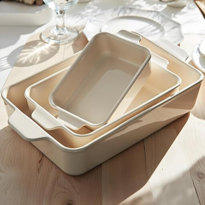 Kook Ceramic Bakeware Set - Versatile Rectangular Dishes for Casseroles & Lasagna | Set of 3, Ivory
