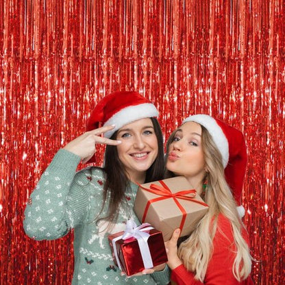 GOER Metallic Tinsel Foil Fringe Curtains - 3.2 ft x 9.8 ft Red Party Backdrop for Birthdays & Weddings