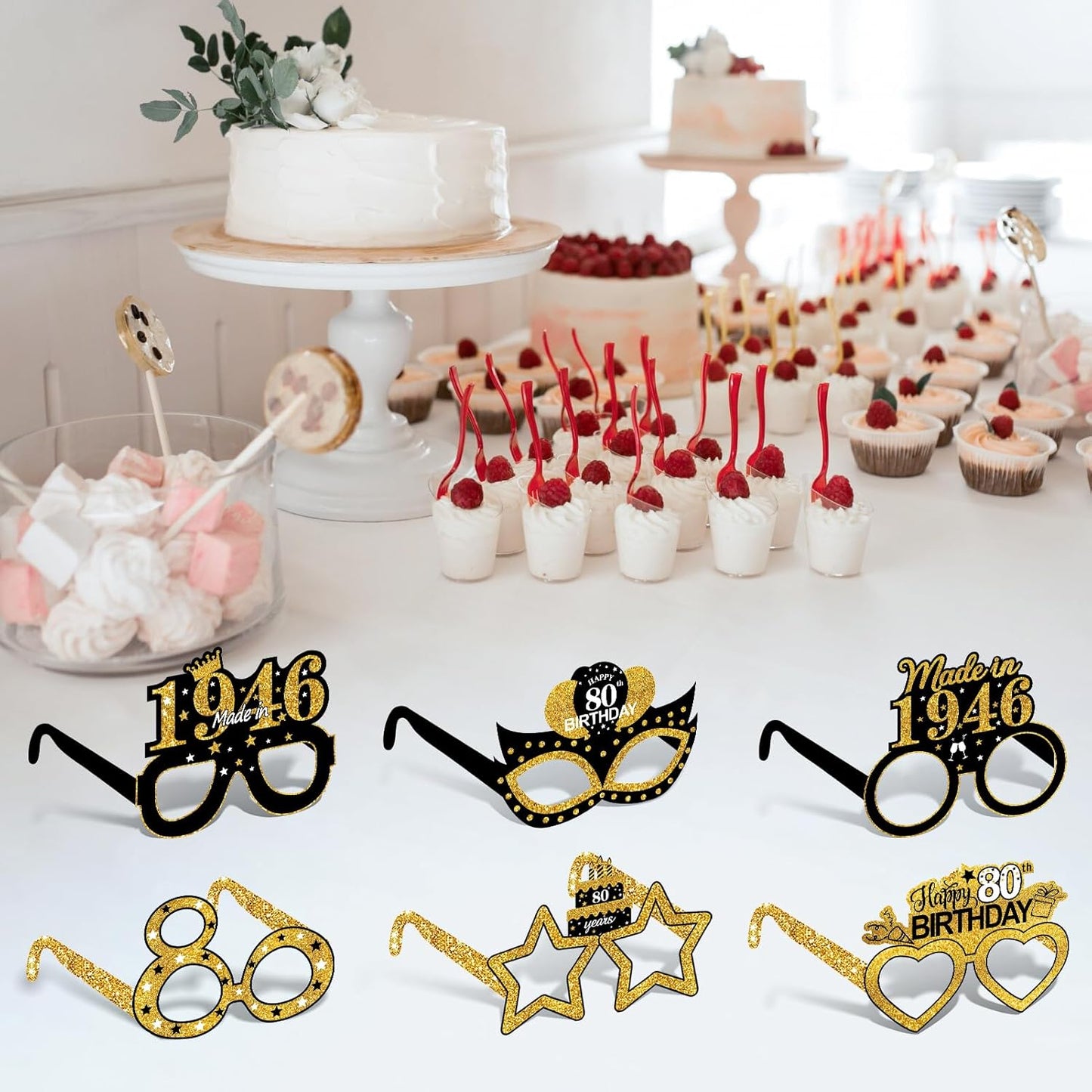 Turypaty 24Pcs 80th Birthday Paper Glasses - Vintage Black Gold Photo Props for Men & Women
