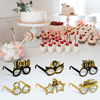 Turypaty 24Pcs 80th Birthday Paper Glasses - Vintage Black Gold Photo Props for Men & Women