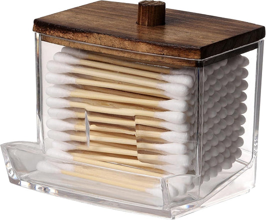 Tbestmax Cotton Swab Holder - Stylish Brown Wood Lid Qtip Dispenser for Bathroom Storage | 7 OZ