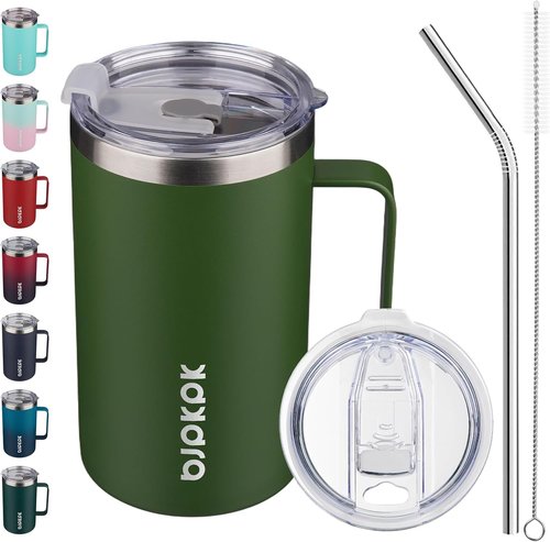 BJPKPK Insulated Coffee Mug - 25oz Stainless Steel Tumbler with 2 Lids & Handle | BPA Free, Forest Green