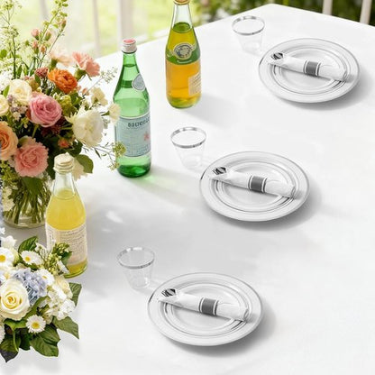 M MCIRCO Silver Dinnerware Set - 175 Pieces with Silver Rim Plates, Cups & Napkins for 25 Guests