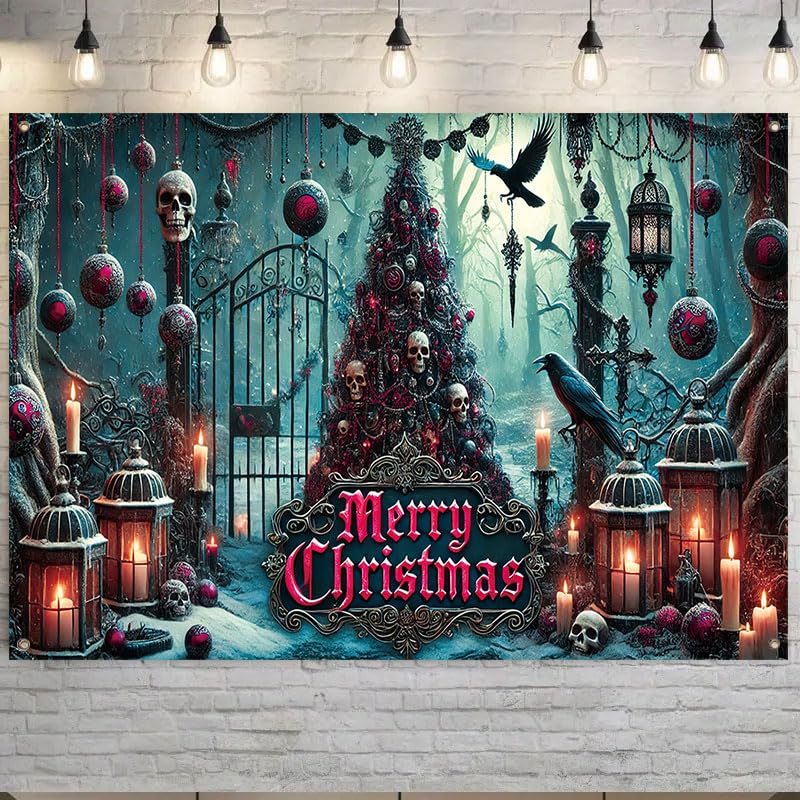 Gothic Christmas Banner Large 71x43 Inch Holiday Fabric Backdrop with Skull Tree Ravens Candles - Multicolored