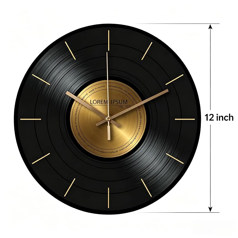 Wall Clock 12 Inch Glass Vinyl Record | Silent Battery-Operated Music Theme Clock - Size D