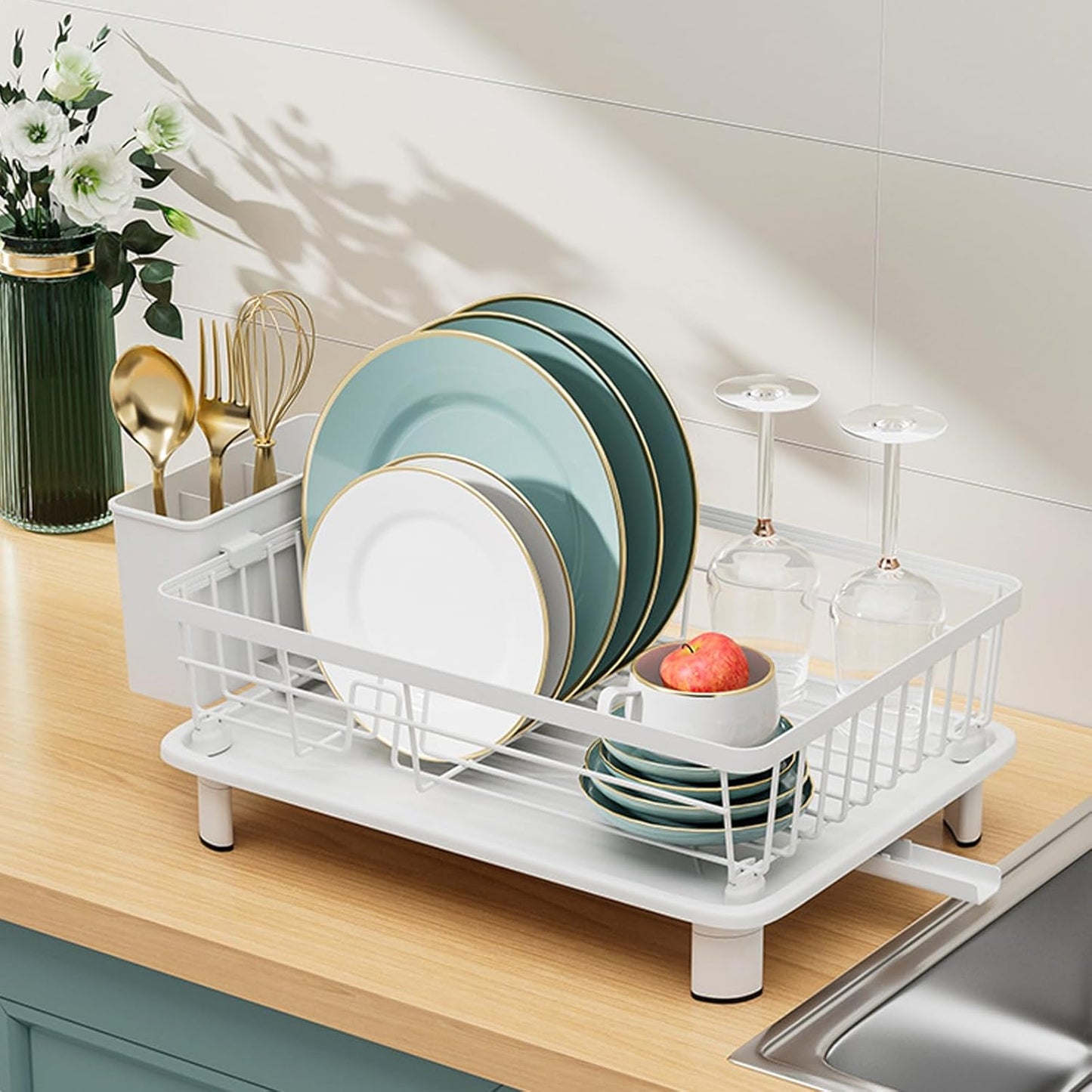 Skiennix Small Dish Drying Rack - Space-Saving Kitchen Organizer with Cutlery Holder | 11''W x 15''L, White