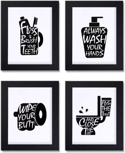 Joysnana Wall Art Prints - Funny Black and White Bathroom Decor | Set of 4 with Paper Frames (8x10 Inch)