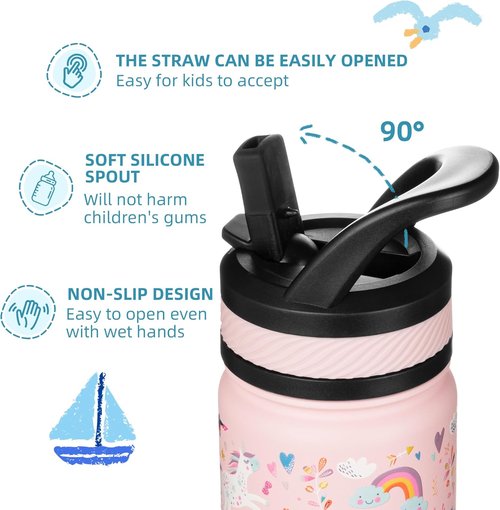Fanhaw Kids Insulated Water Bottle - 14 Oz Stainless Steel, Leakproof & BPA Free | Pink Unicorn Fields
