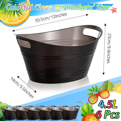 meekoo 6 Pcs Plastic Ice Buckets Bulk with Handles 4.5L Oval Storage Tub Large Capacity Ice Drink Bucket for Party Bar Wine Beer Champagne Beverage Bottle Cooler (4.5 L,Black)