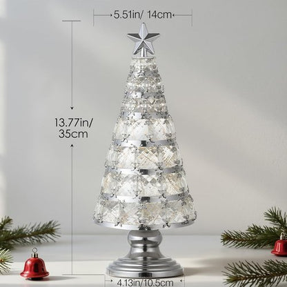 Lewondr Christmas Tree Lamp - 14 Inch Battery Powered Crystal Treetop Light | Handmade Glass Ornament in Silver