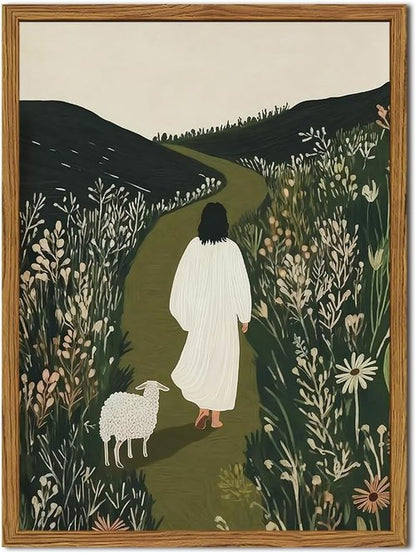 Framed Jesus Wall Art - Leaves the 99 Sheep Canvas Print | Christian Decor for Living Room, Bedroom, Church - 12x16 Inch