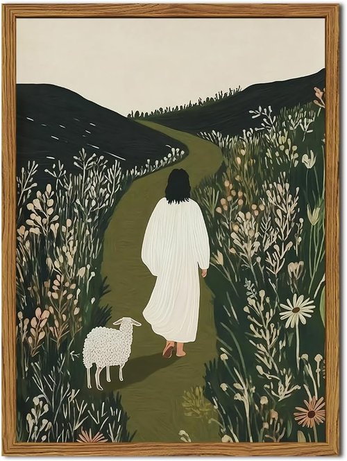 Framed Jesus Wall Art - Leaves the 99 Sheep Canvas Print | Christian Decor for Living Room, Bedroom, Church - 12x16 Inch