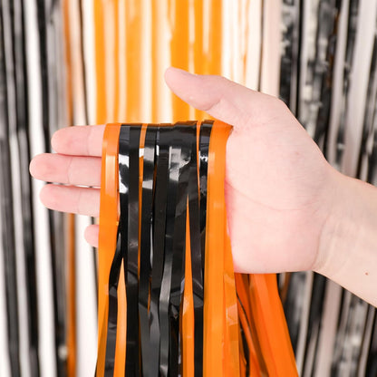 Voircoloria 3 Pack Black & Orange Foil Fringe Backdrop Curtains - Tinsel Streamers for Parties & Events