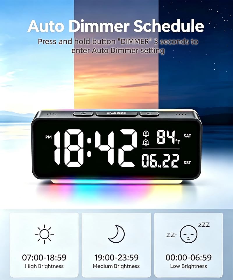 Digital Alarm Clock with RGB LED Light, Large Display, Dual Alarm, Temperature & Date