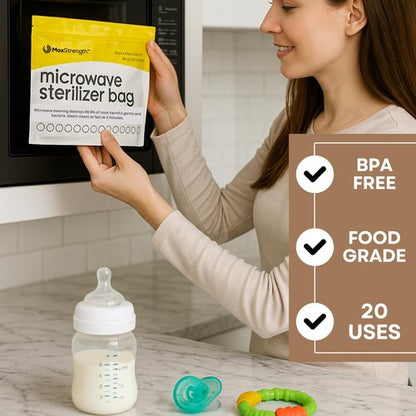 Max Strength Pro Microwave Steam Sterilizer Bags 20pc for Baby Bottles, Soothers, Teethers, Breast Pump Parts, Training Cups, Accessories, Reusable Large Bags, 20 Uses Per Bag, Easy Tracking System