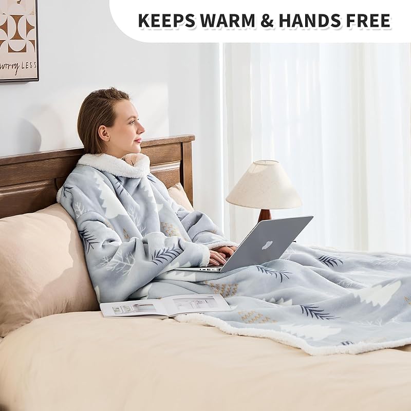 Wearable Blanket with Sleeves - Oversized Snuggle Robe with Christmas Tree Design - 53" x 69"