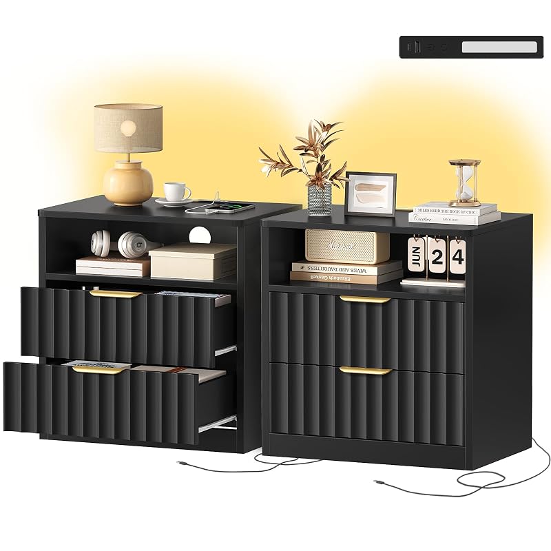 Fluted Nightstands Set of 2 with Charging Station & LED Light, Black, 2 Drawers